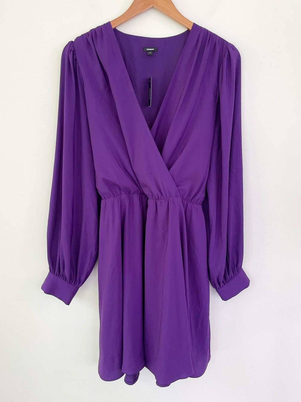 NWT Express Faux Wrap Long Sleeve Mini Purple Dress L Large Waist Tie Belt
